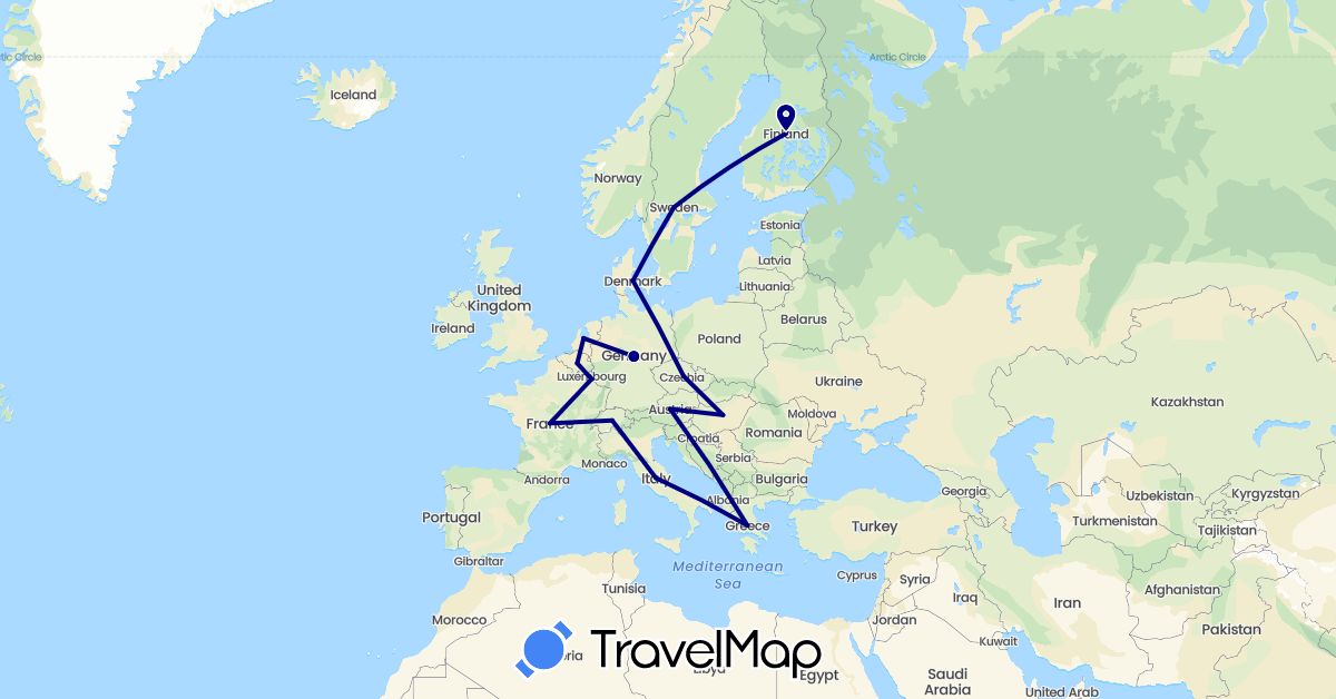TravelMap itinerary: driving in Austria, Belgium, Switzerland, Czech Republic, Germany, Denmark, Finland, France, Greece, Hungary, Italy, Luxembourg, Netherlands, Sweden (Europe)